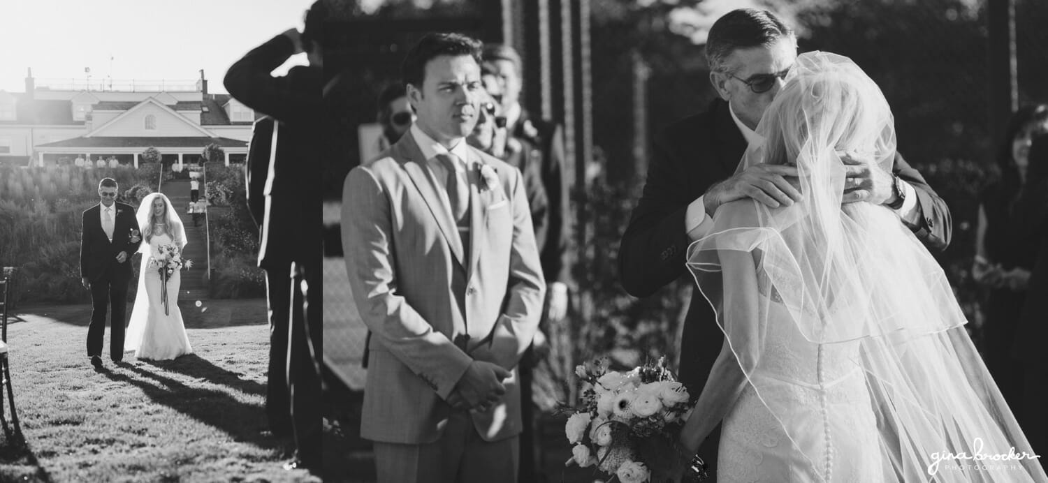 The bride walks up the aisle with her father during her wedding ceremony at Westmoor Club in Nantucket, Massachusetts