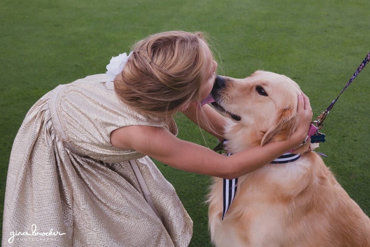 The flower girl hugs the golden retriever during a Nantucket Wedding at the Westmoor Club