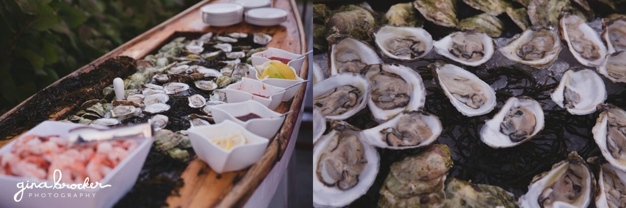A detailed photograph showing the nautical inspired raw bar with cocktail shrimp and oysters at the Westmoor Club wedding in Nantucket, Massachusetts