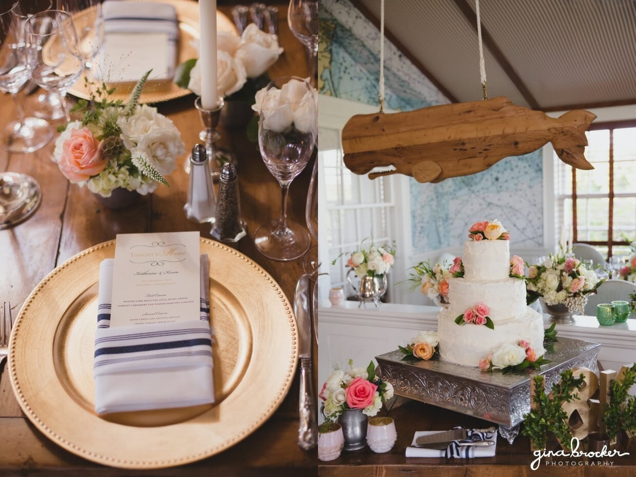 A detailed photograph of a nautical and garden inspired wedding decor with blue, peach, silver and gold accents at the Westmoor Club in Nantucket, Massachusetts
