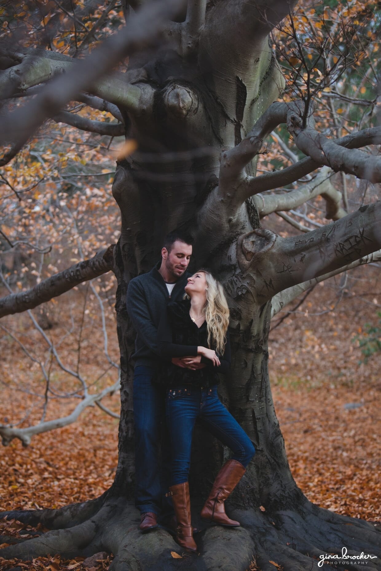 A sweet portrait of a couple beside a tree during their fall couple session at the Arnold Arboretum in Boston, Massachusetts