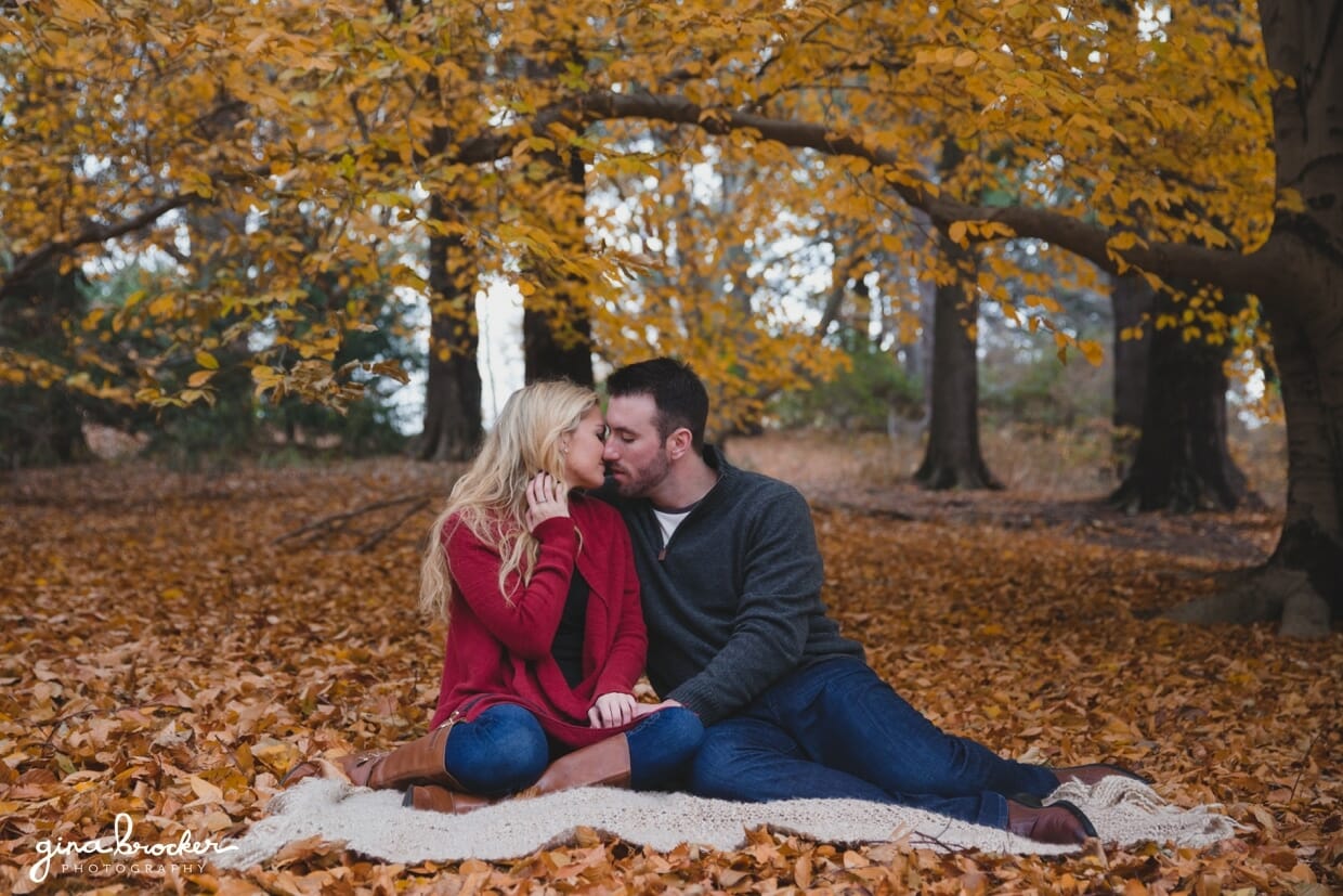 A couple kiss as they sit on blanket during their fall couple session the Arnold Arboretum in Boston, Massachusetts