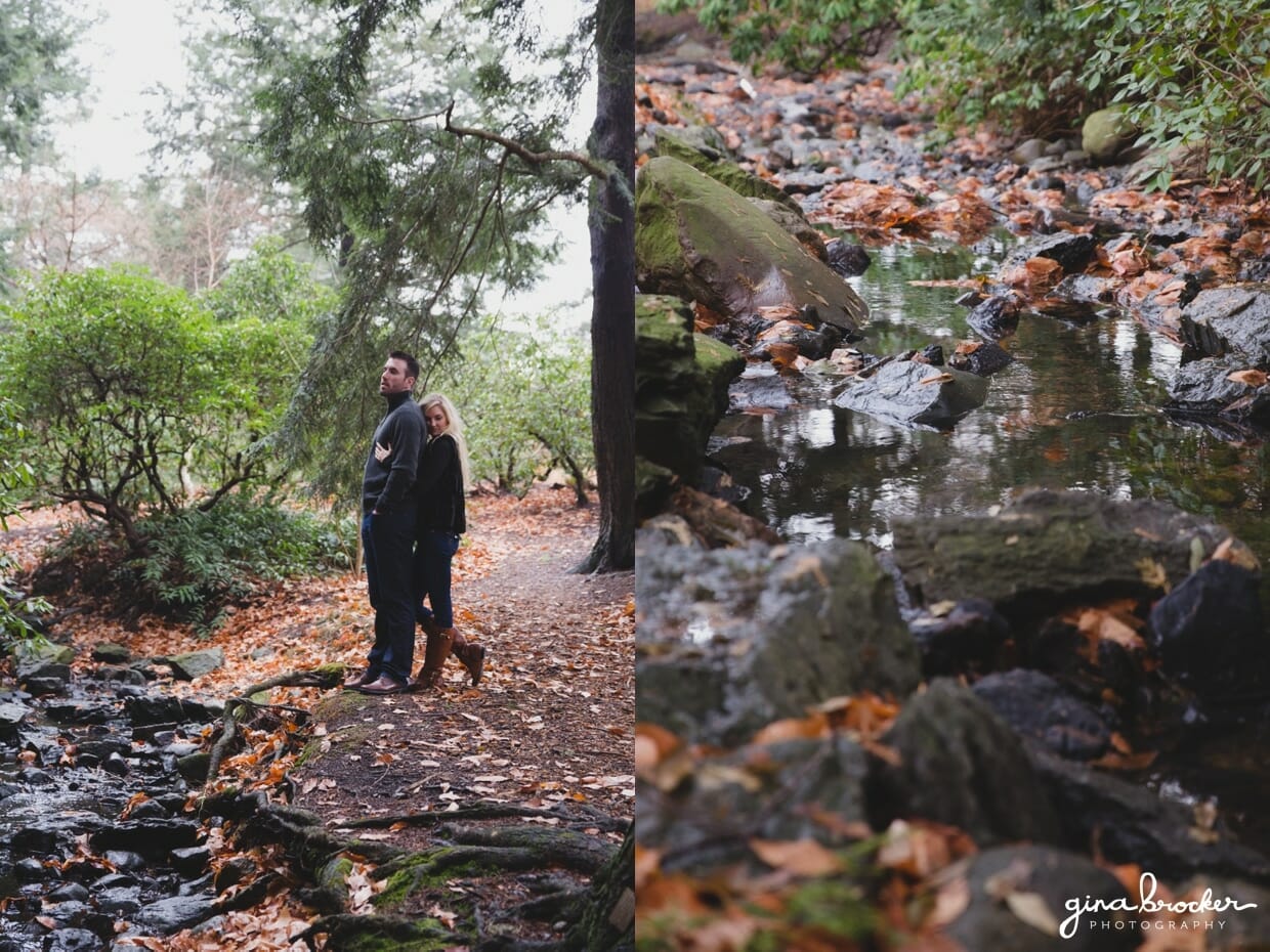 A beautiful photograph of a couple cuddling beside a creek in the woods during their fall couple session in Boston's Arnold Arboretum