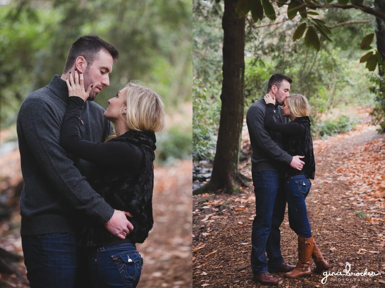 A sweet and romantic photograph of a couple just before they share a kiss in the woods during their fall couple session at the Arnold Arboretum in Boston, Massachusetts