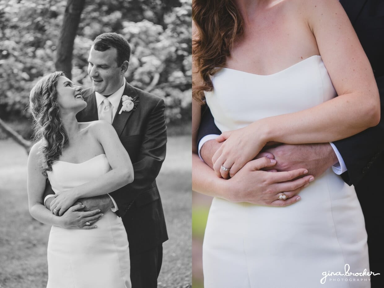 A cute portrait of a groom hugging his bride during the first look at their elegant and classic Boston Wedding in Massachusetts