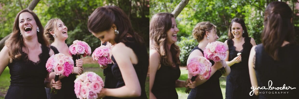 Candid photographs of bridesmaid laughing with black dresses and pink rose bouquets during a classic and elegant Boston wedding in Massachusetts