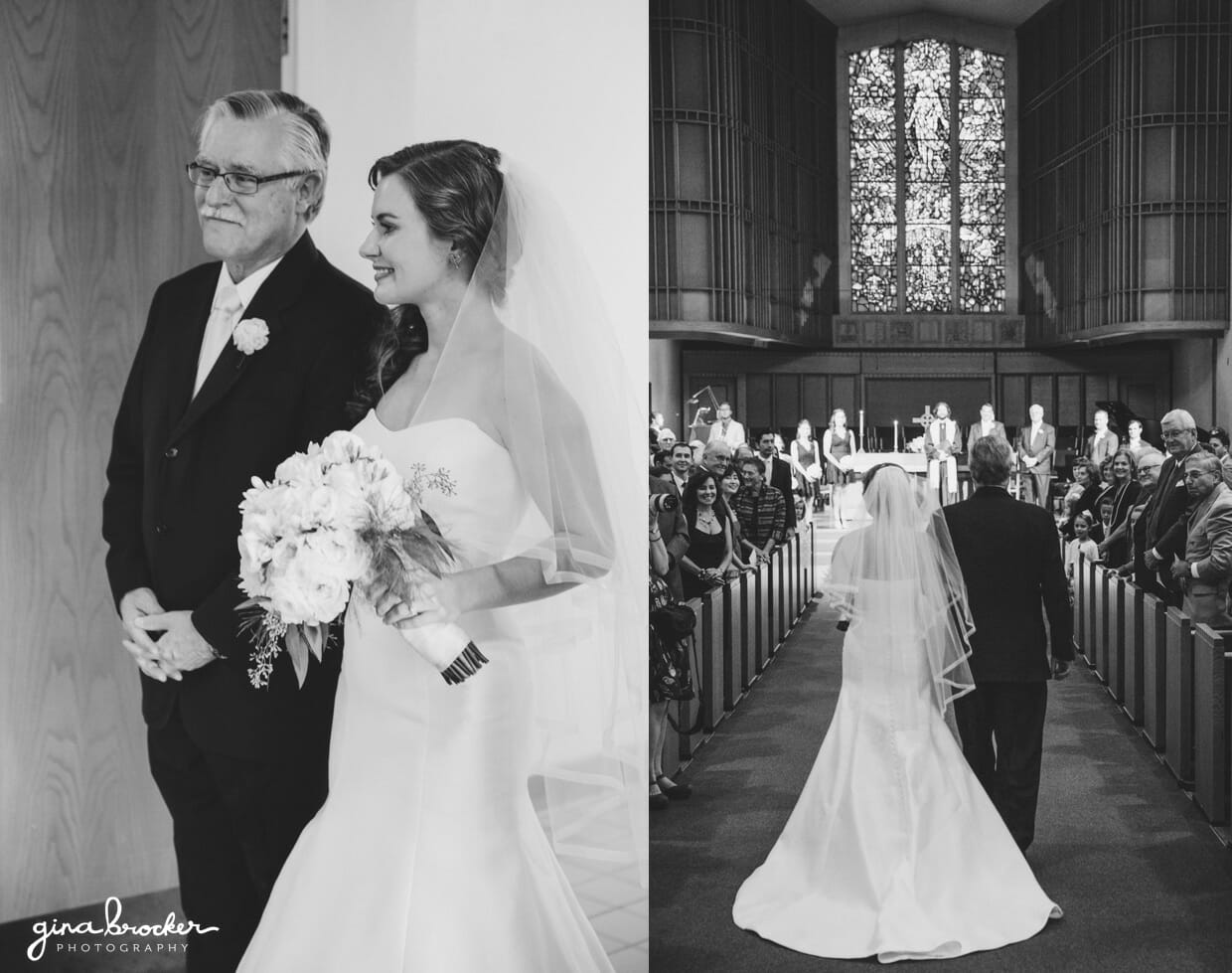 A Bride walks up the aisle with her father during their classic and elegant wedding in Boston, Massachusetts