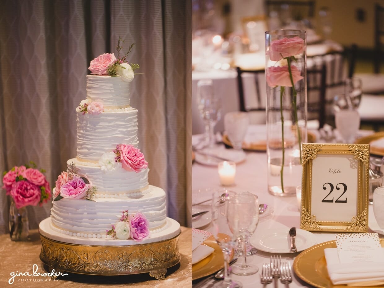 Pink and gold wedding cake and table settings for a classic and elegant wedding in Boston, Massachusetts