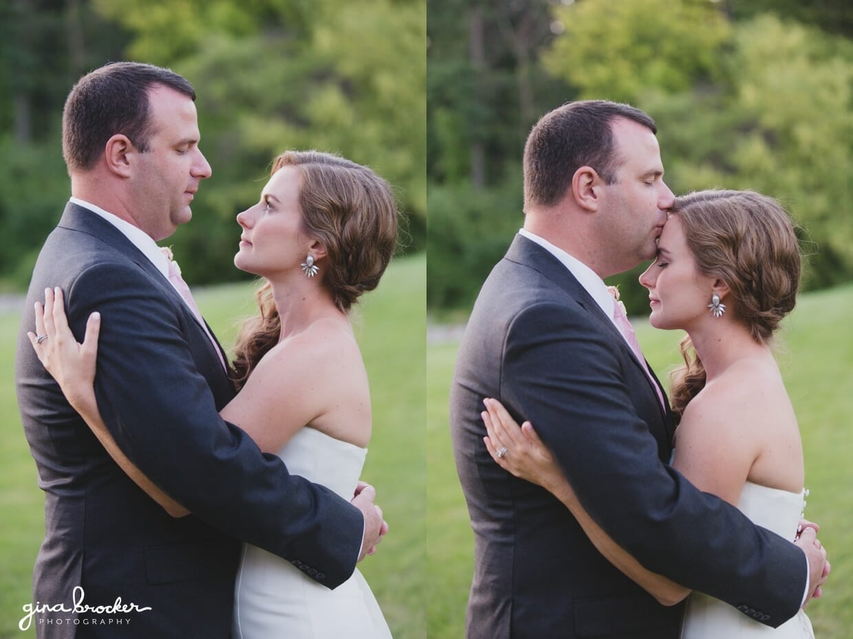 A sweet and romantic wedding portrait during the sunset of an elegant and classic Boston wedding in Massachusetts