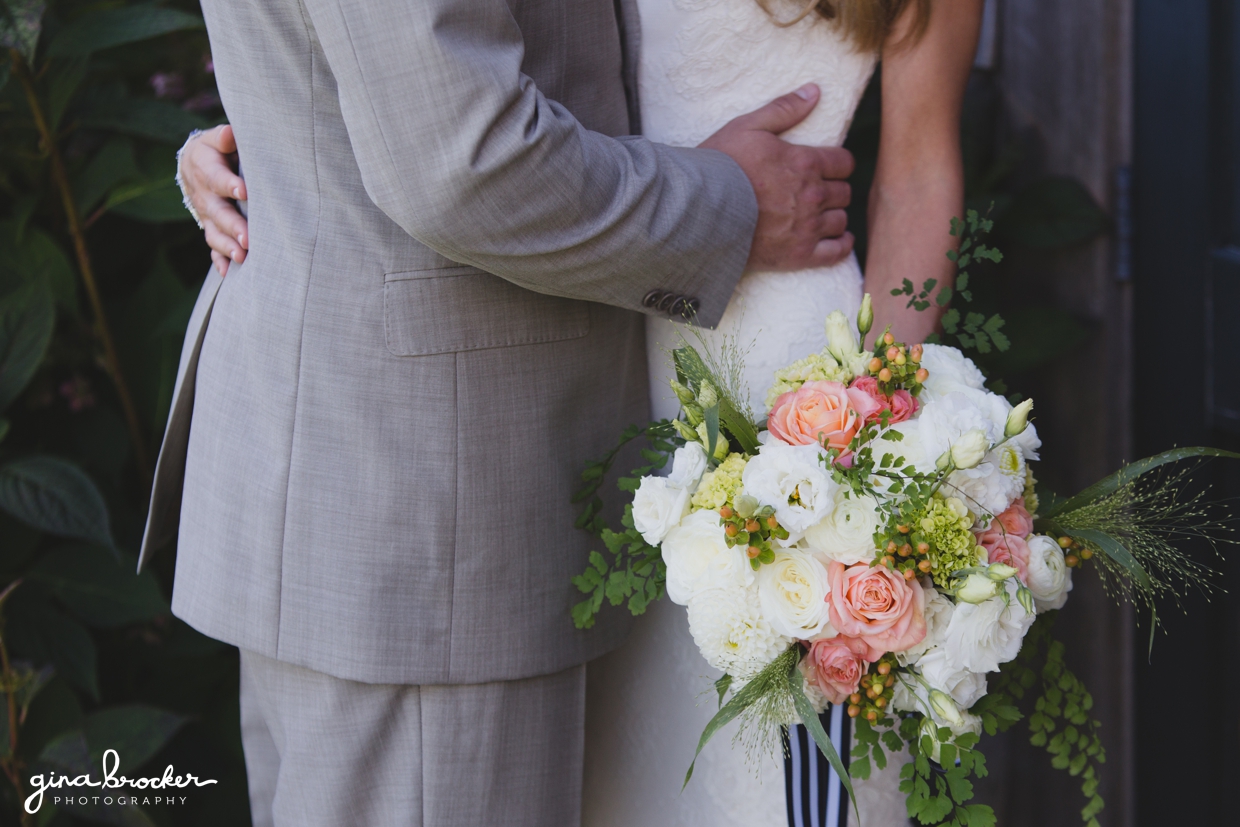 a detail photograph of a beautiful nautical inspired wedding bouquet from a nantucket wedding