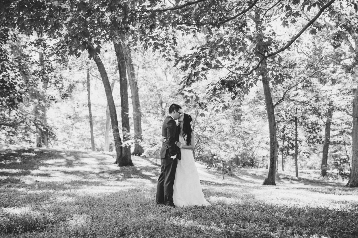 A beautiful photograph of a bride and groom kissing during their first look at the Arnold Arboretum in Boston, Massachusetts