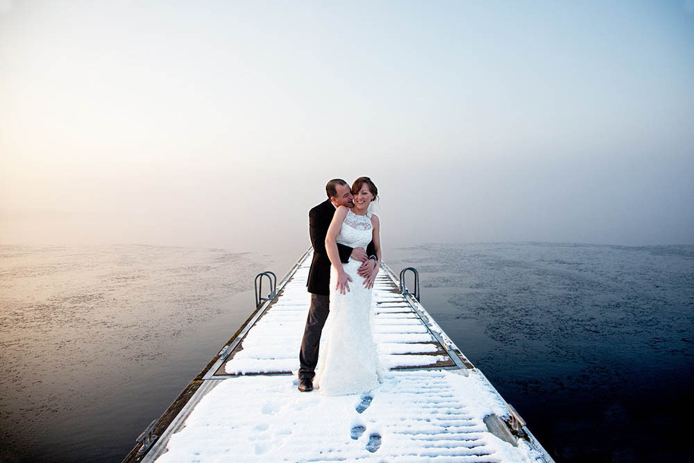 Relaxed portrait of a bride and groom during their winter wedding in Boston, Massachusetts