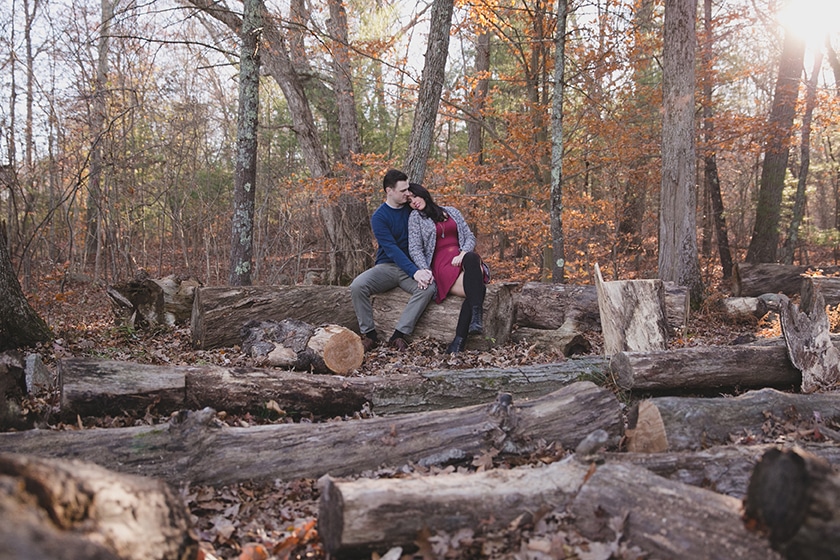 A portrait of a couple in the woods at their Borderland State Park Engagement Session