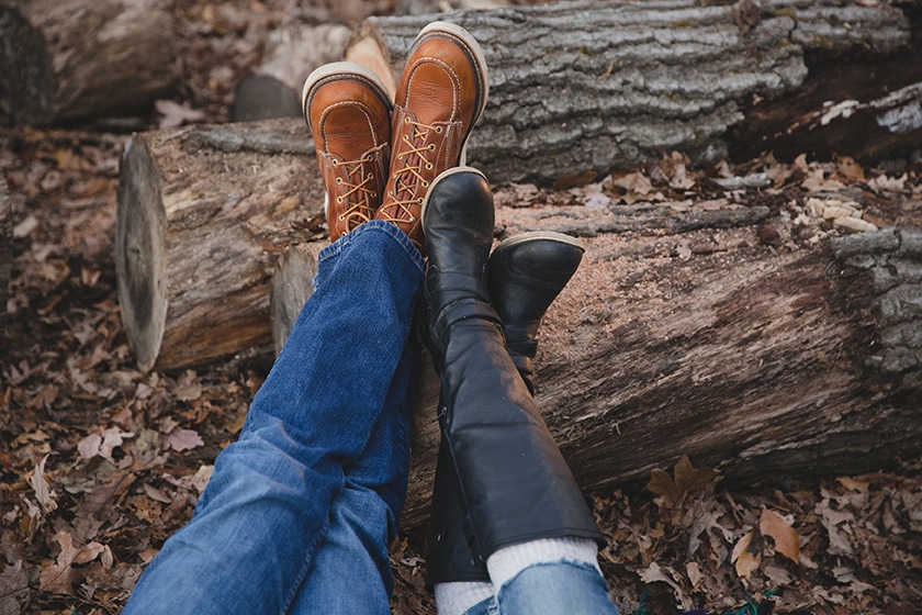 A detailed photograph of a couples shoes during their engagement session at Borderland State Park