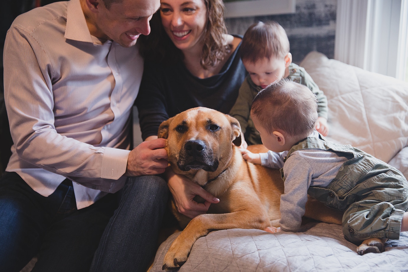 A documentary photograph of a twin baby boys petting their dog during an in home family session in Boston, Massachusetts