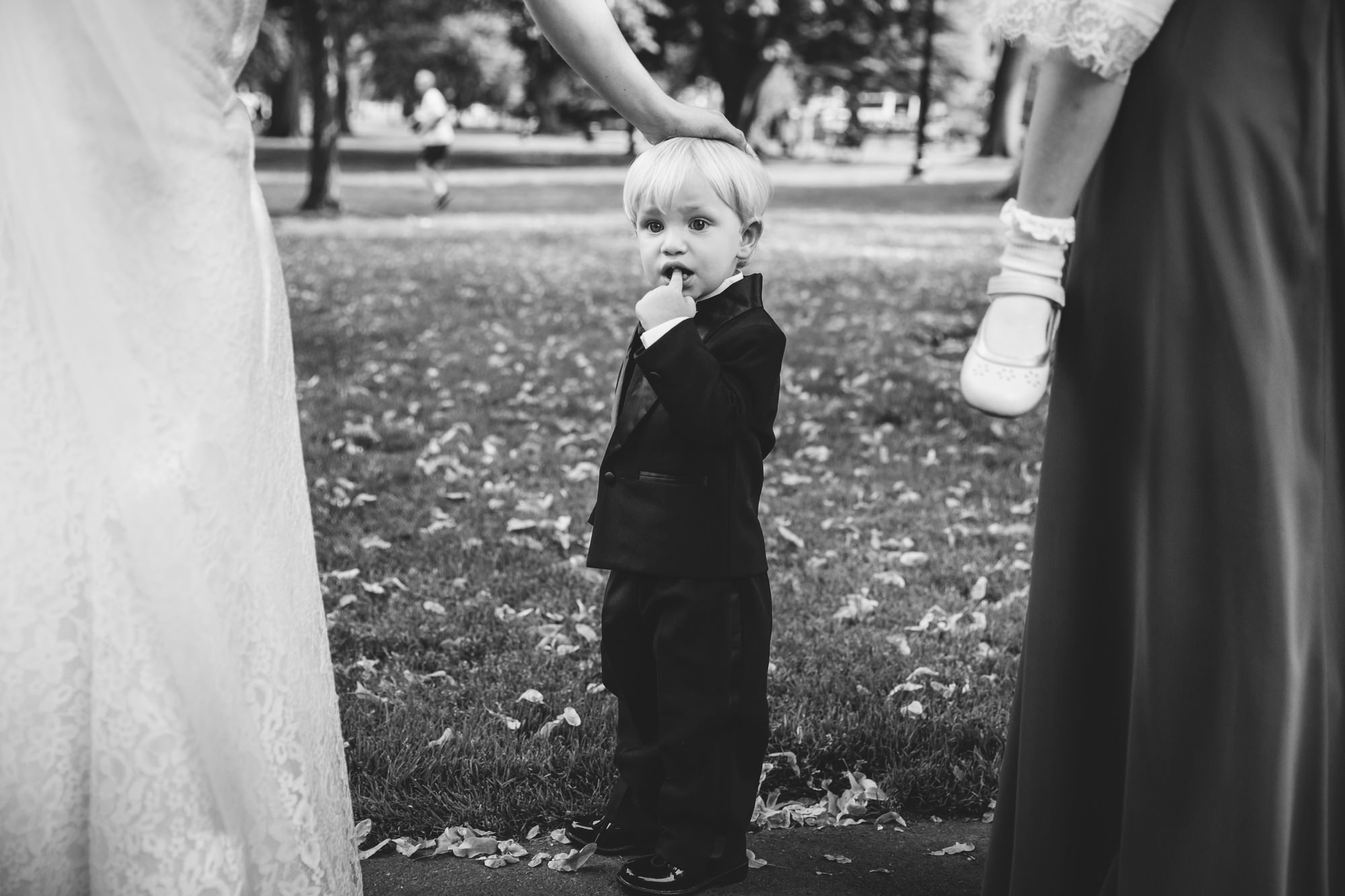A documentary photograph of the ring bearer at the Boston Public Gardens before a State Room Wedding