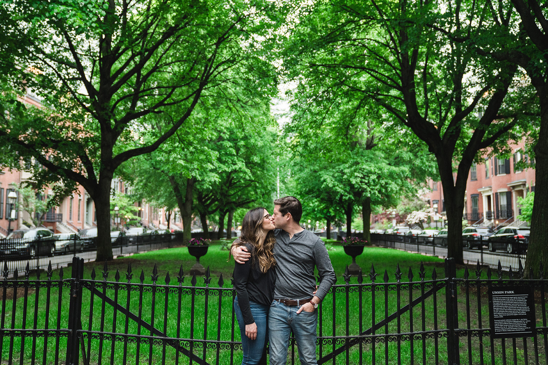 A natural portrait of a couple kissing during their South End Boston Engagement Session