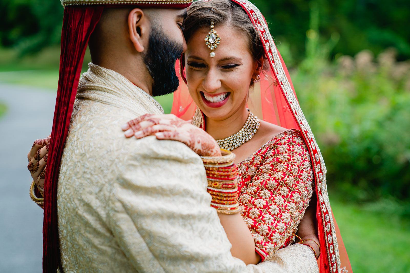 A best of Boston wedding photograph of a couple's first look during an Indian American wedding in Providence, RI 