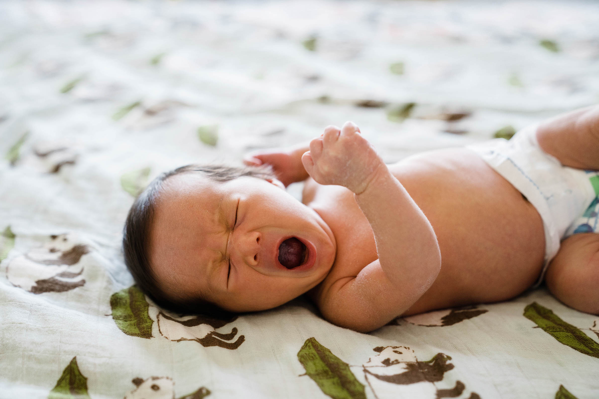 A documentary photograph of newborn baby yawning on the bed during an in home family session in Boston